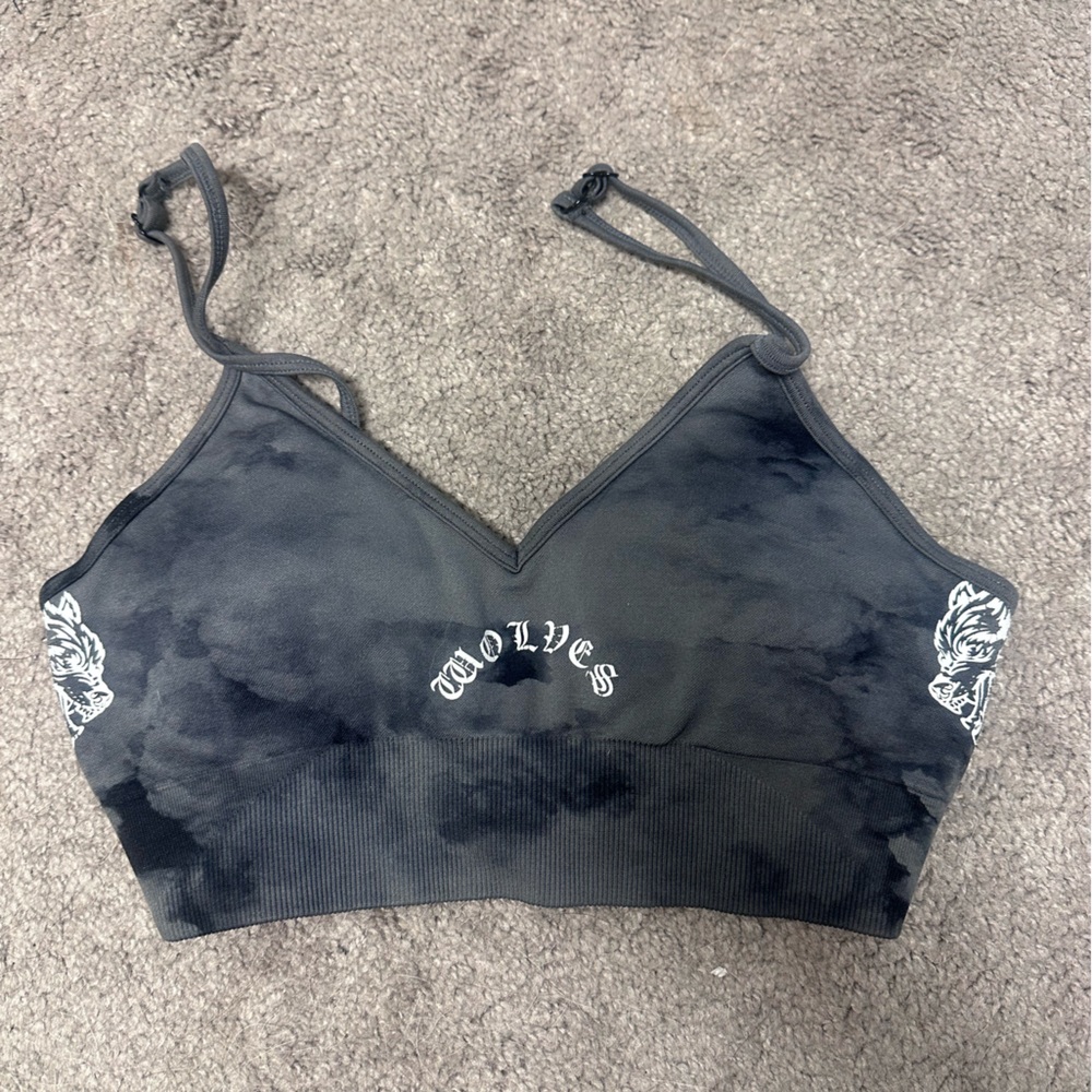 Dark sport gray tie dye/smoke sports bra